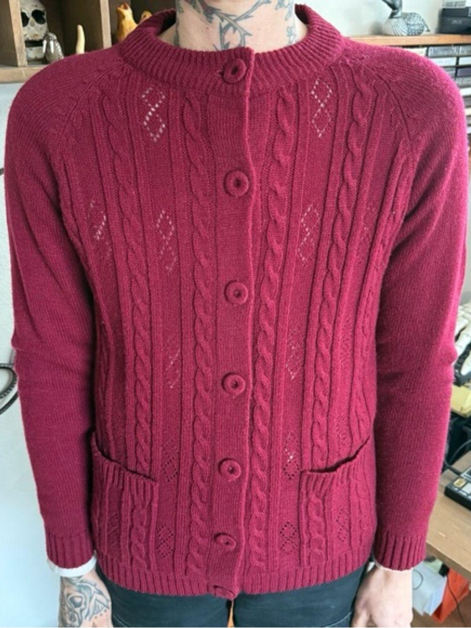 Vintage 60s Burgundy Cable Knit Cardigan Sweater ~ Size Small
